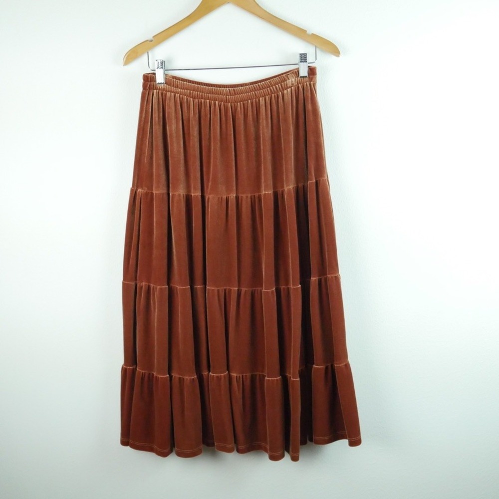 Vintage Y2K Rust Brown Velvet Tiered Midi Skirt Fairy Grunge NWT M Whimsigoth - Picture 2 of 7